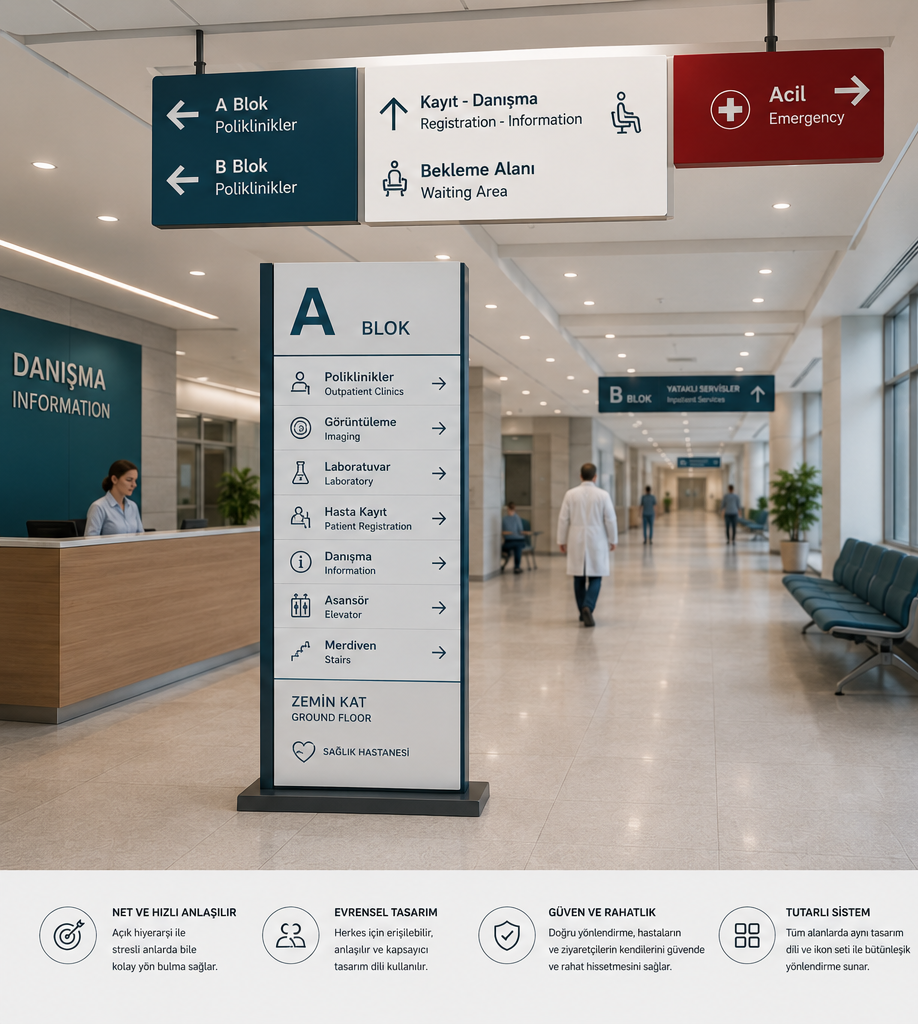 Hastane yön tabelası ve wayfinding planlama sistemi