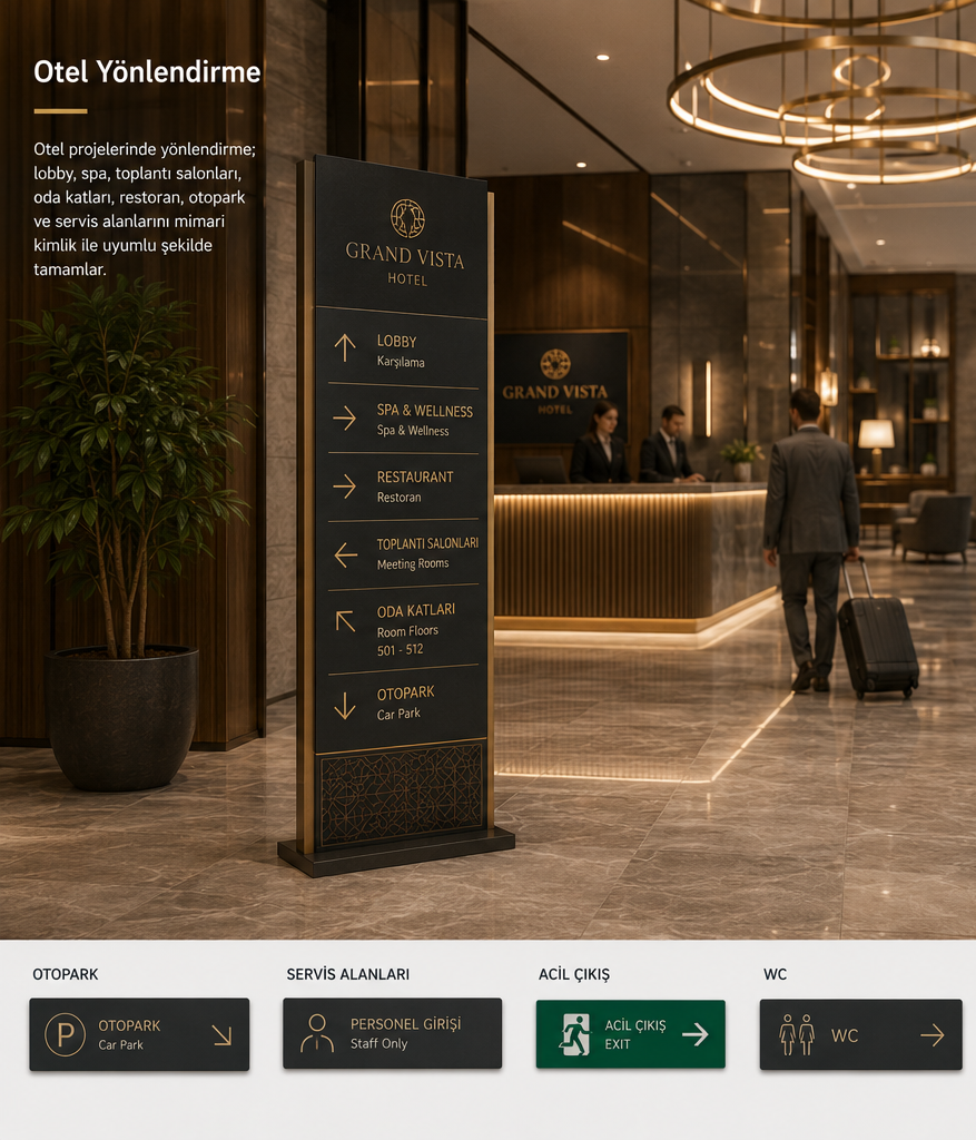 Otel mimarisi ile uyumlu premium yön tabelaları